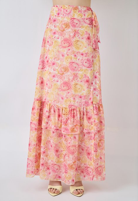 Floral wrap maxi skirt with ruffles