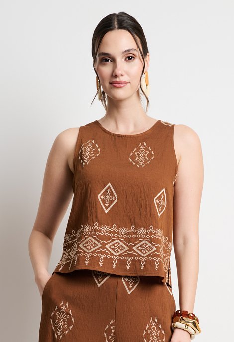 Boho printed set featuring a top and wide-leg trousers in brown tones