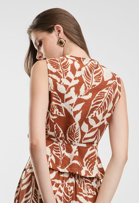 Σετ Τοπ Κρουαζέ & Παντελόνα με Καφέ Tropical Print