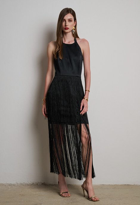Black satin dress with fringes