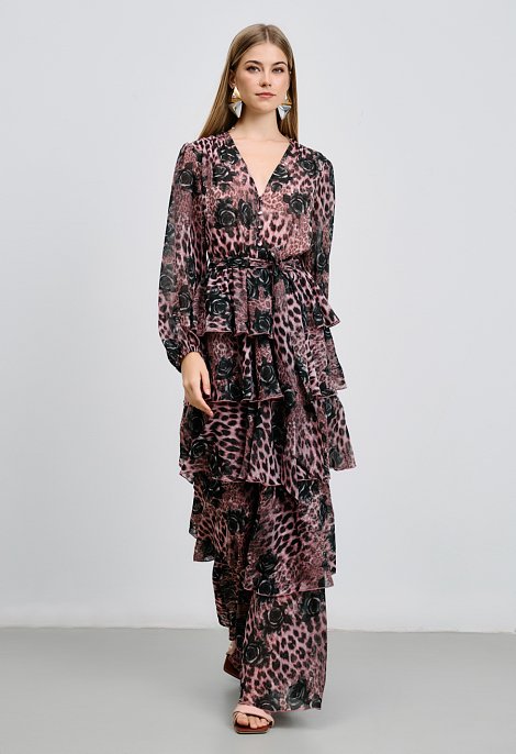 Μακρύ φόρεμα με animal print και βολάν