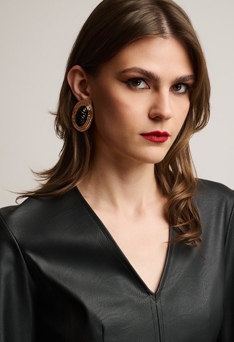 Midi dress with V-neckline and leather effect