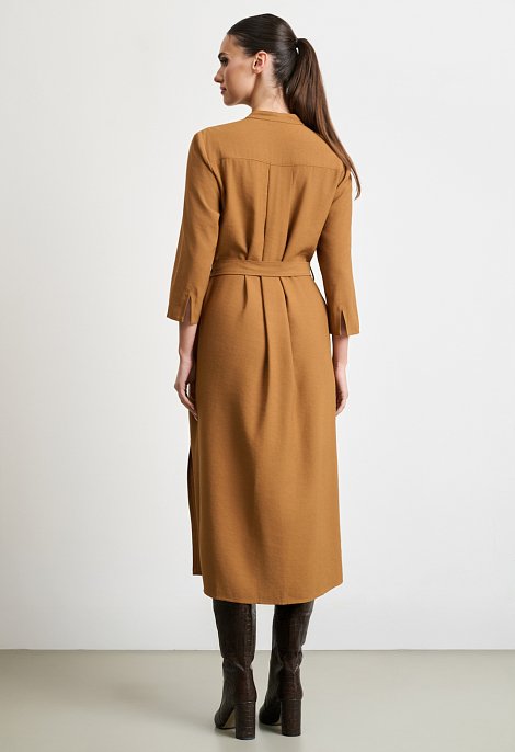 Midi dress with belt and mao collar