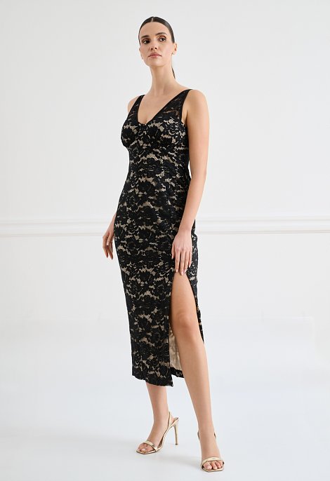 Black lace midi dress with straps