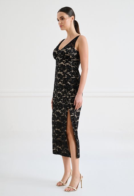 Black lace midi dress with straps