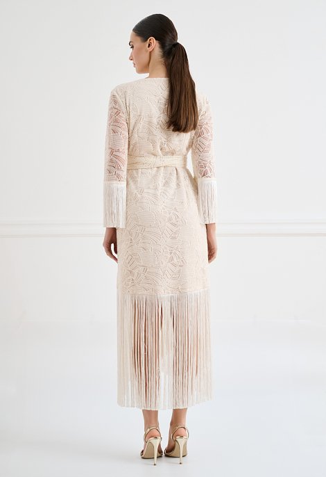 Lace wrap midi dress with fringe