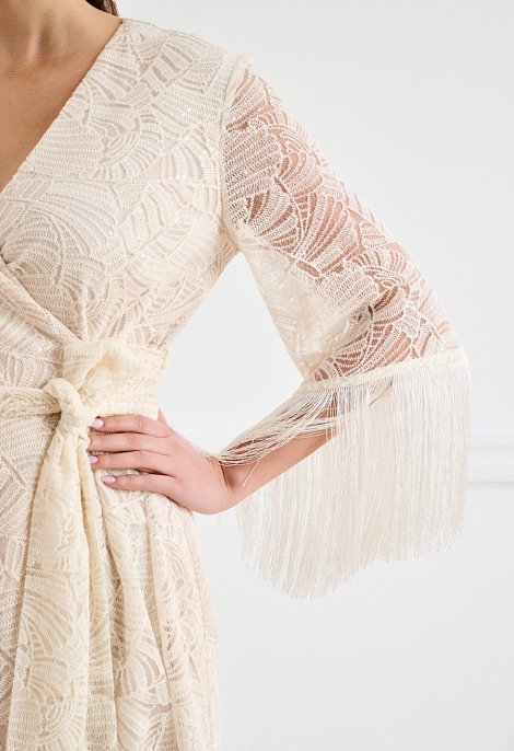 Lace wrap midi dress with fringe