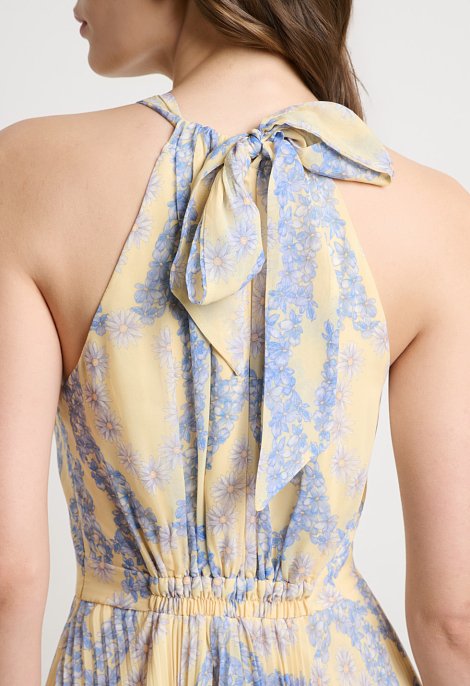 Pleated maxi dress with print and halter neckline