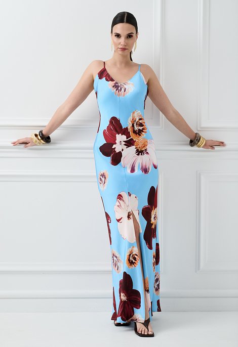 Maxi satin floral dress with straps in light blue