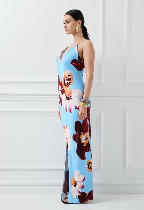 Maxi satin floral dress with straps in light blue