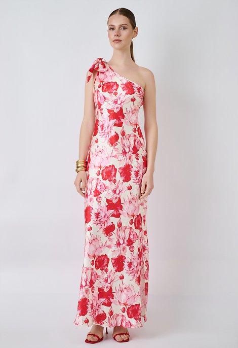Floral one-shoulder maxi dress with a bow