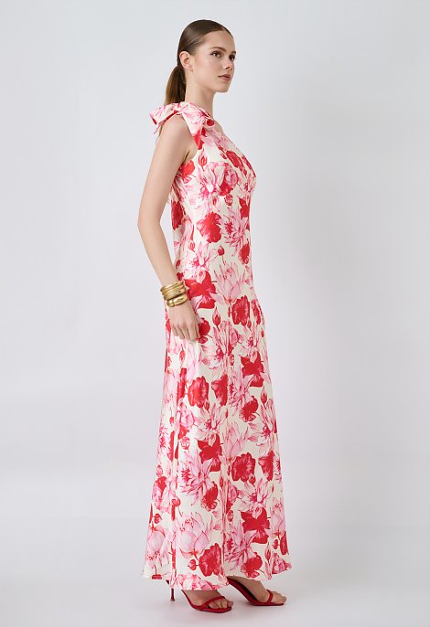 Floral one-shoulder maxi dress with a bow