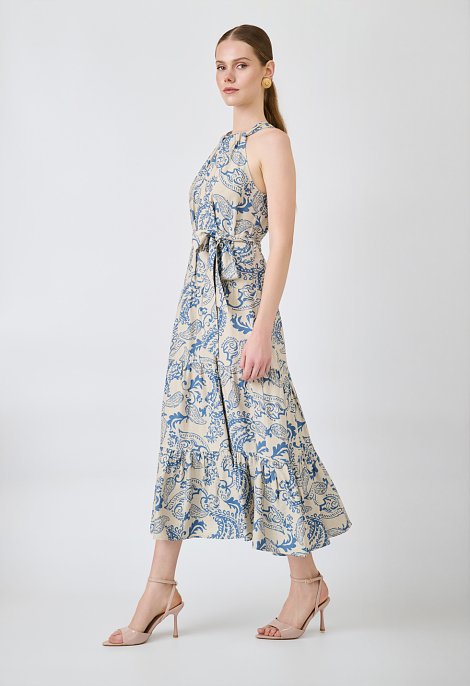 Printed halter midi dress with belt