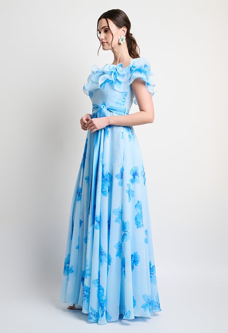 Sky blue floral maxi dress with ruffles