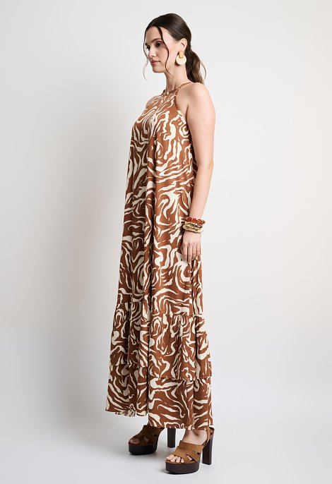 Printed halter maxi dress with ruffle details in brown tones