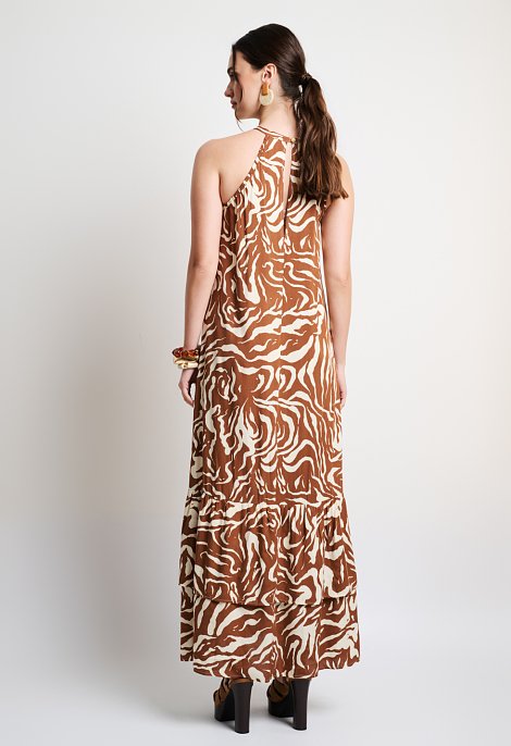 Printed halter maxi dress with ruffle details in brown tones