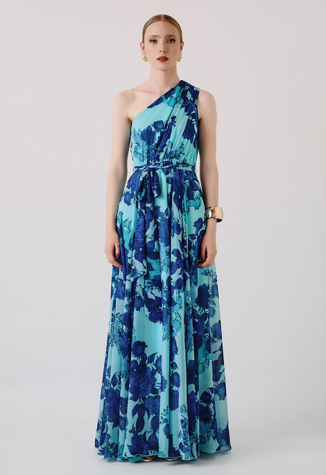 Maxi floral one-shoulder dress with belt