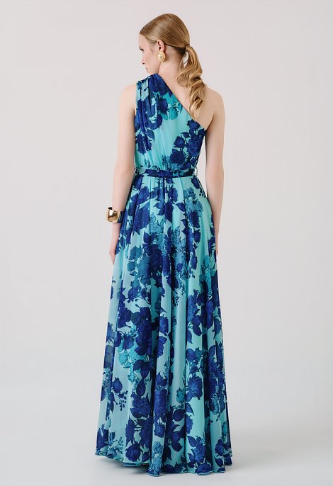 Maxi floral one-shoulder dress with belt