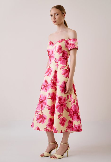 Floral midi dress with off-shoulder design