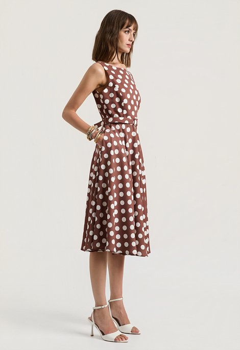 Midi polka dot dress with a belt and V-back