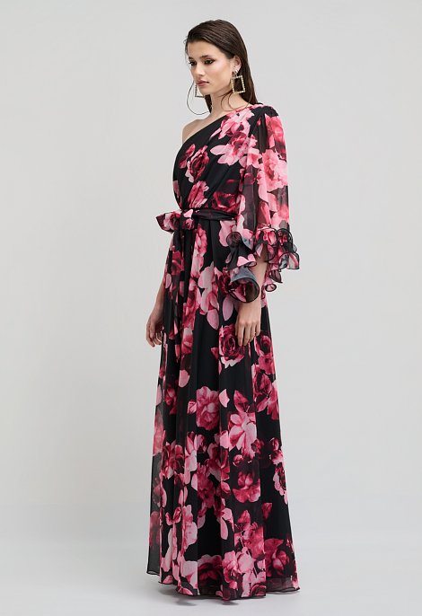 Floral maxi αμπιγιέ φόρεμα one shoulder με ζώνη