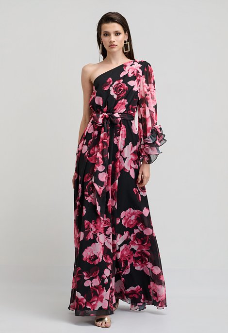 Floral maxi αμπιγιέ φόρεμα one shoulder με ζώνη