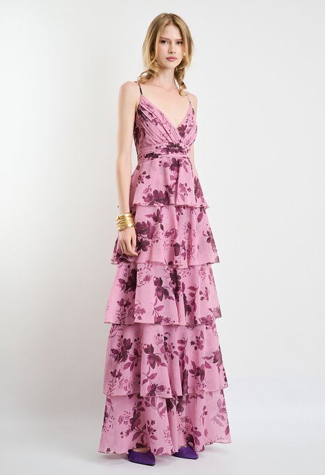 Floral maxi dress with spaghetti straps and ruffle details