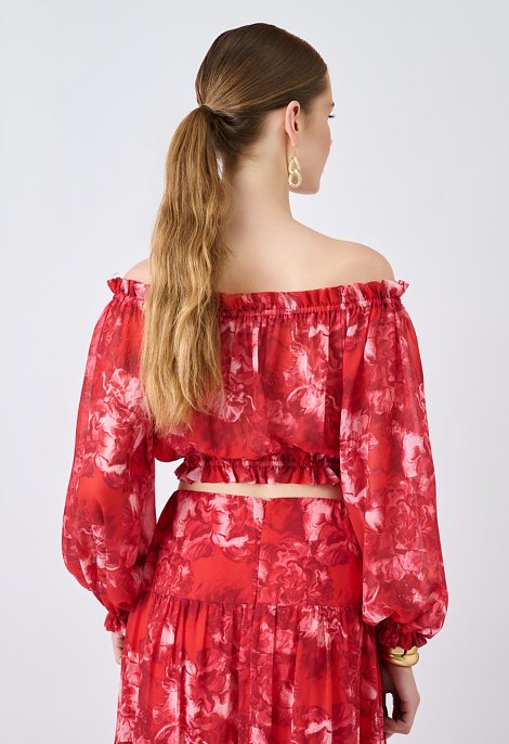 Floral off-shoulder crop top with long sleeves