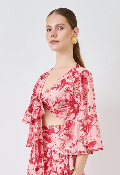 Floral tie-front top με βολάν στα μανίκια