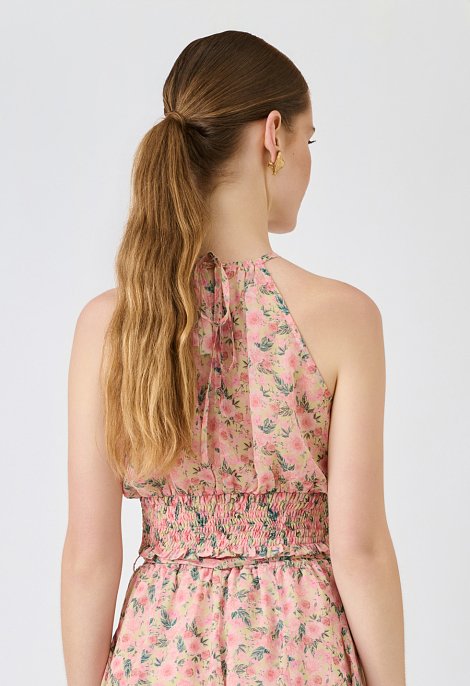 Floral halter crop top με σούρες