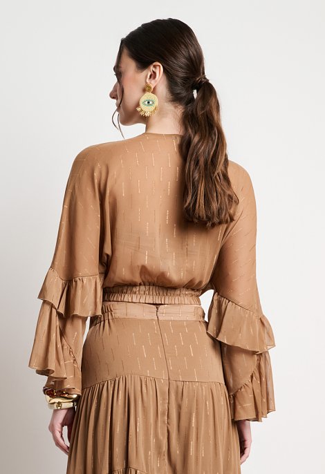 Brown wrap crop top with ruffled sleeves