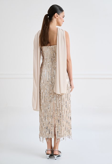Midi evening dress with sequins and straps