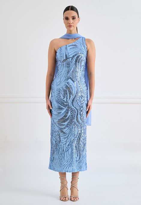 One-shoulder midi dress with sequins and a matching scarf