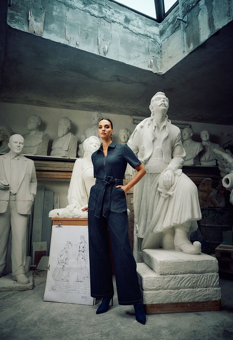Denim jumpsuit with belt