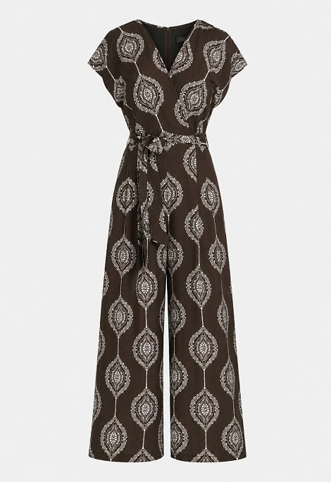 Ολόσωμη φόρμα κρουαζέ με ethnic print σε καφέ απόχρωση