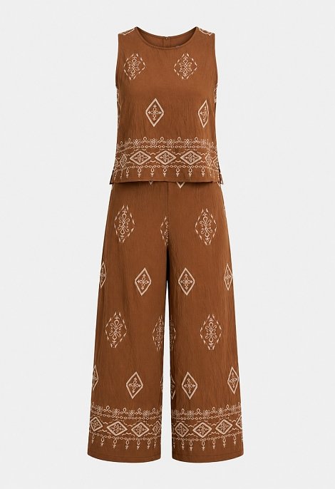 Boho printed set featuring a top and wide-leg trousers in brown tones