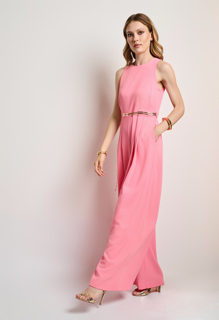 Σιελ ολόσωμη φόρμα wide leg με πιέτες και χρυσή ζώνη