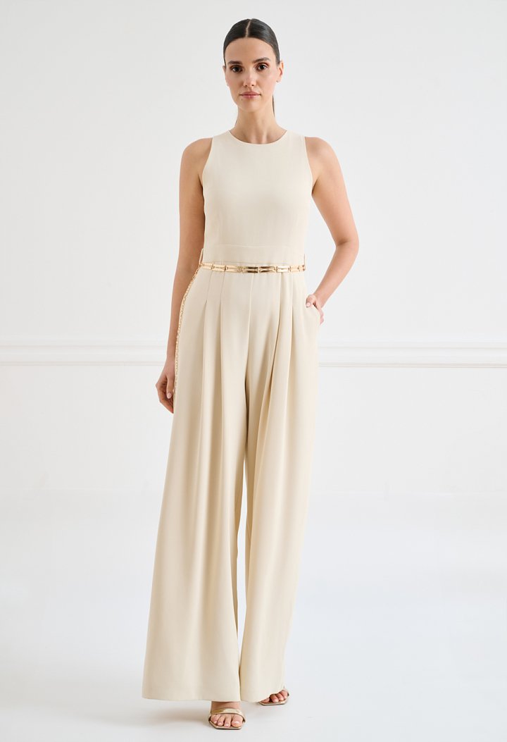 Wide-leg jumpsuit with pleats and gold belt