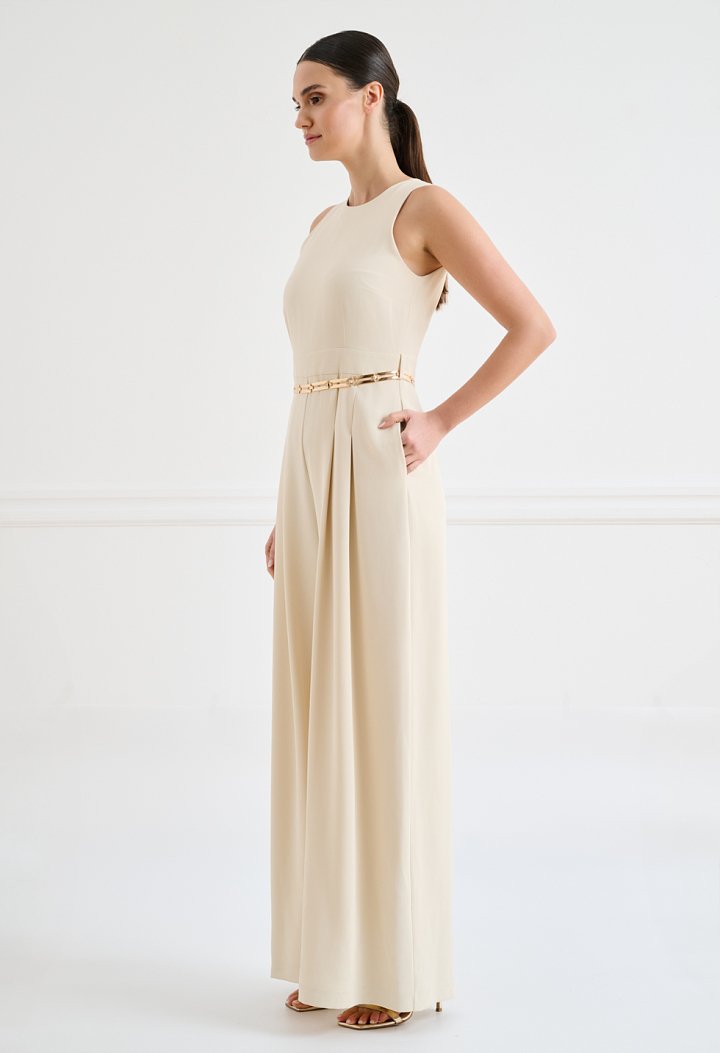 Wide-leg jumpsuit with pleats and gold belt