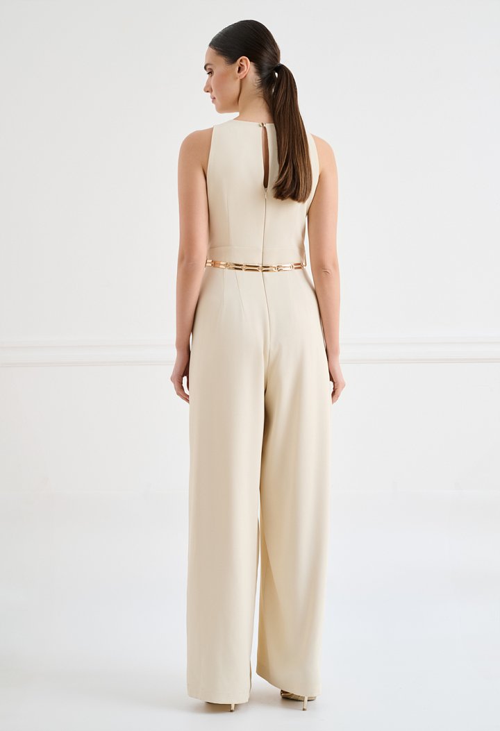 Wide-leg jumpsuit with pleats and gold belt