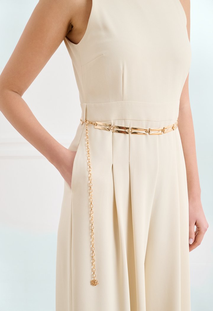 Wide-leg jumpsuit with pleats and gold belt