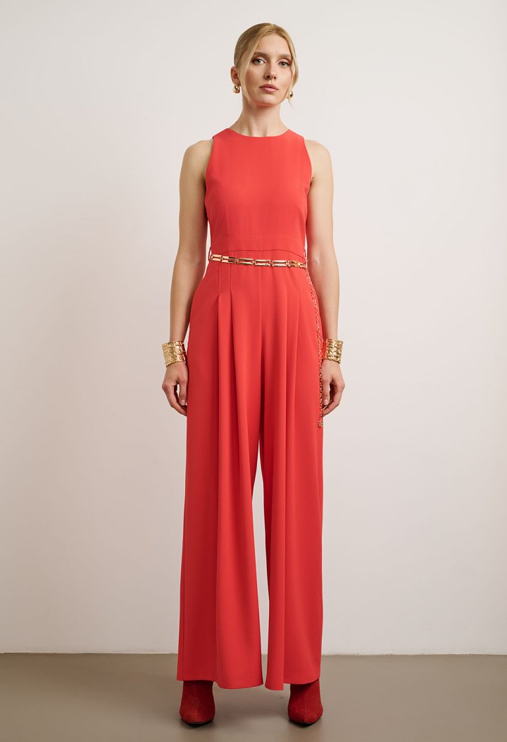 Wide-leg jumpsuit with pleats and gold belt