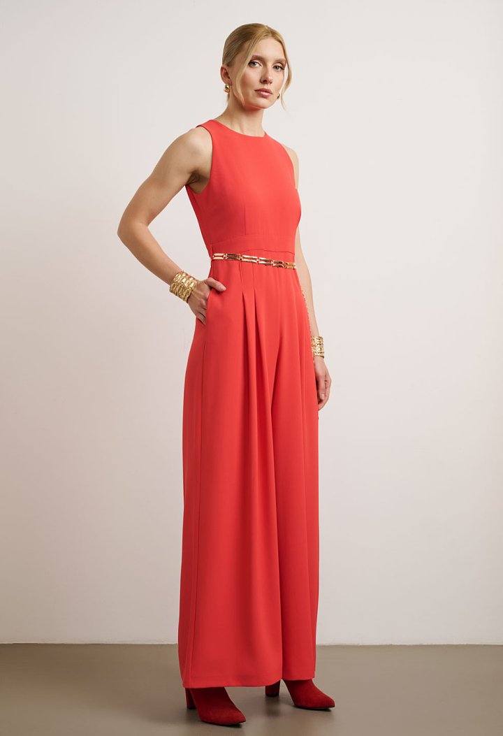Wide-leg jumpsuit with pleats and gold belt