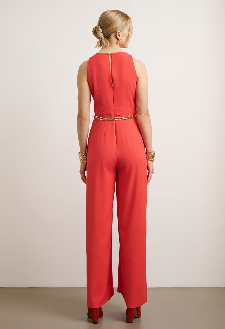 Wide-leg jumpsuit with pleats and gold belt