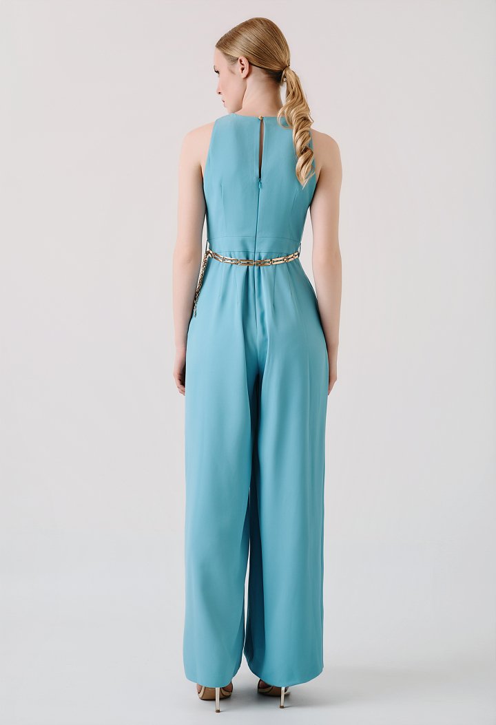 Σιελ ολόσωμη φόρμα wide leg με πιέτες και χρυσή ζώνη