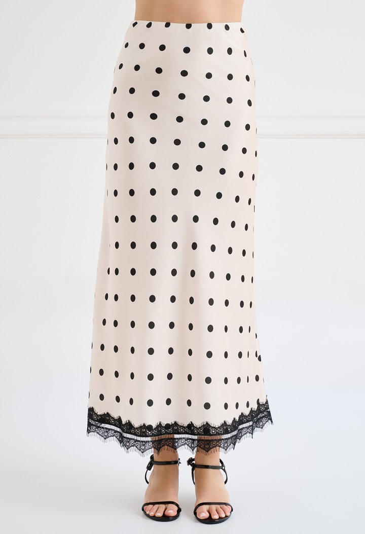 Polka-dot midi skirt with lace hem