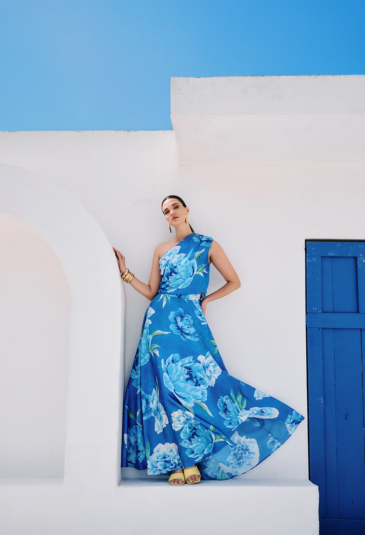Long blue floral skirt