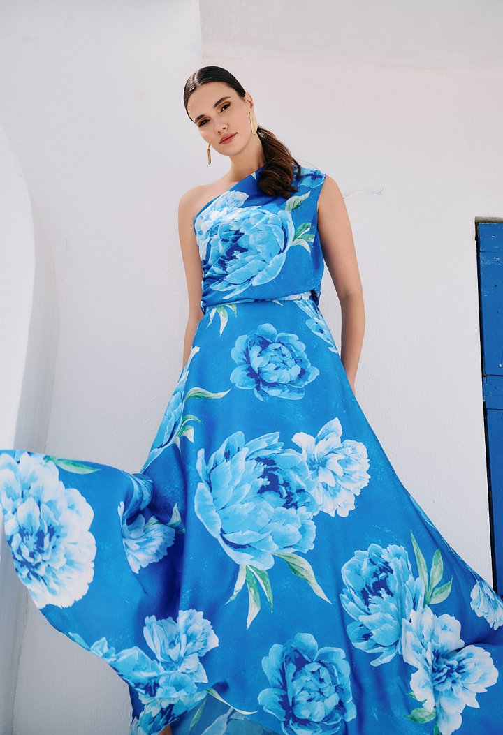 Long blue floral skirt