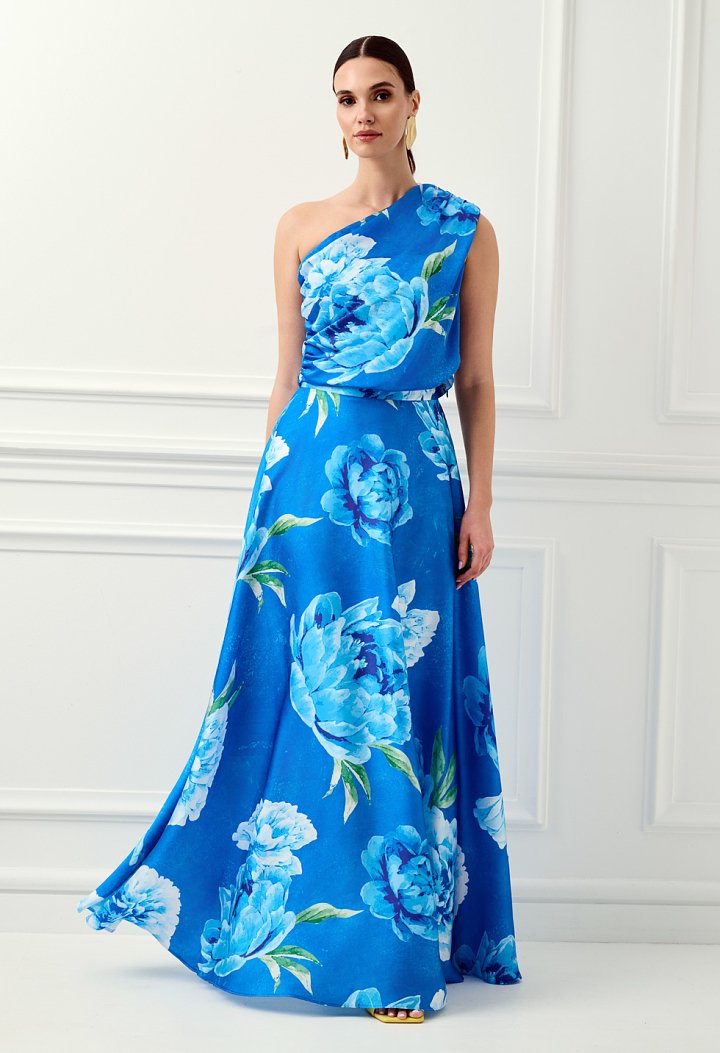 Long blue floral skirt