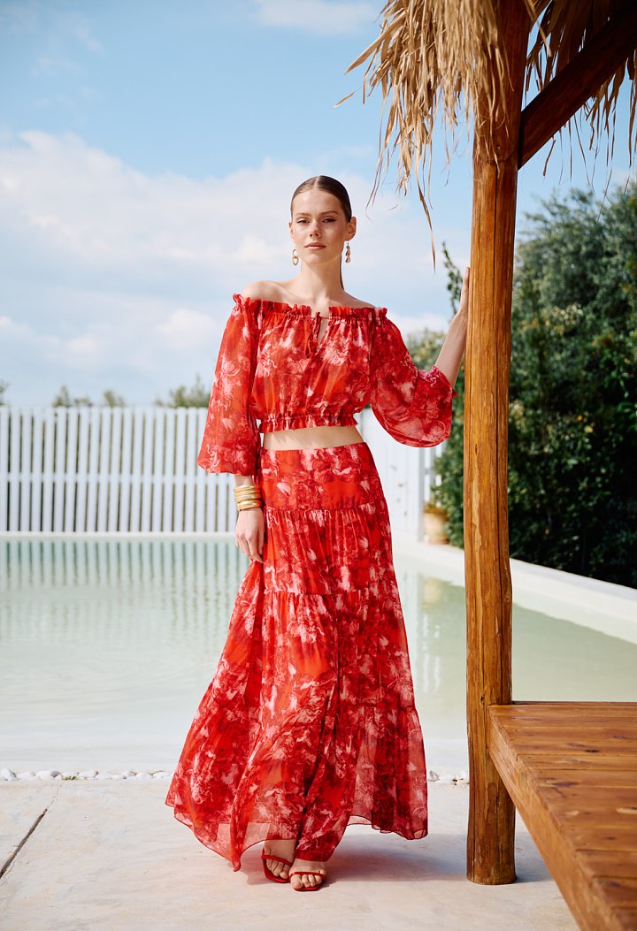 Maxi skirt with print and ruffles